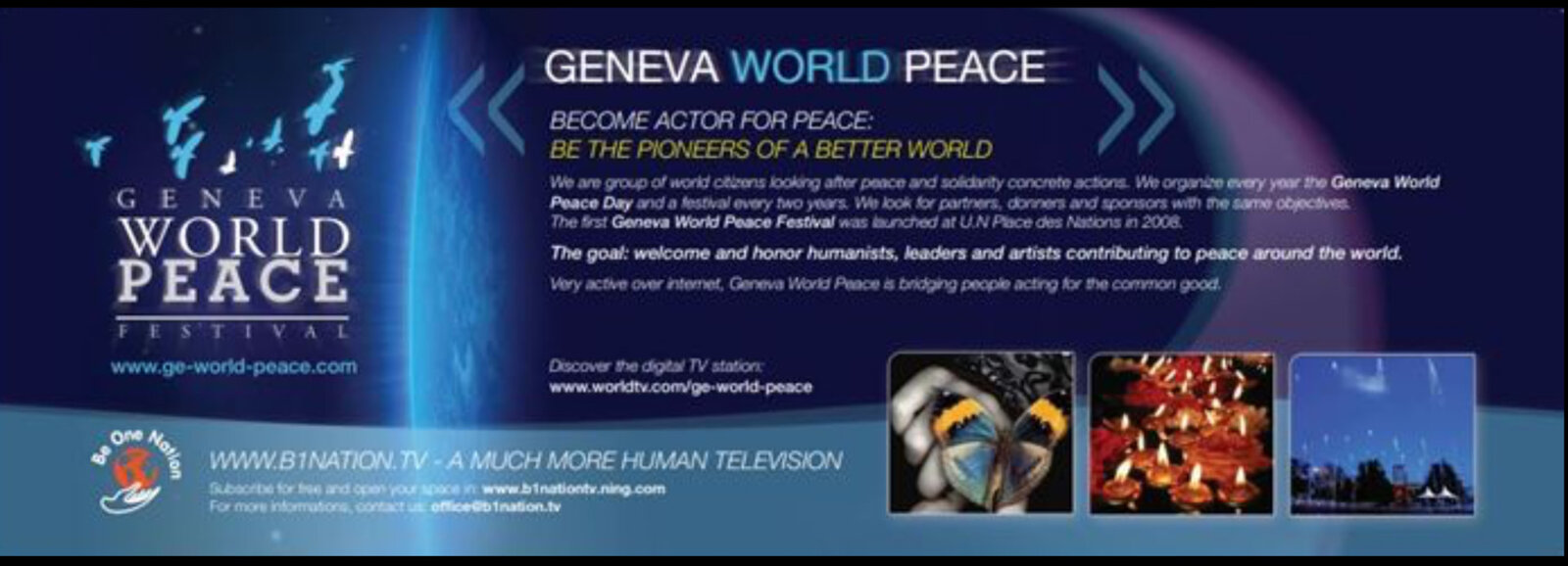Geneva World Peace Festival banner — Become actor for peace, be the pioneers of a better world