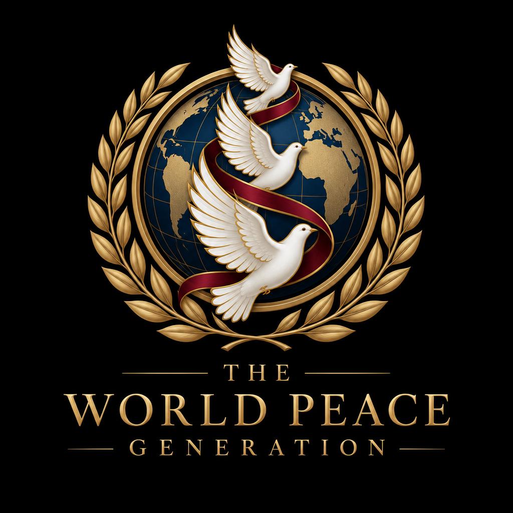 The World Peace Generation logo with three doves flying around a globe